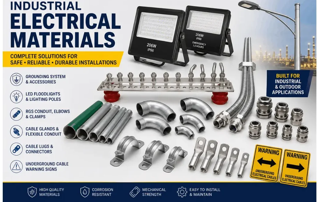 Industrial electrical materials including grounding busbars, LED floodlights, lighting poles, RGS conduits, conduit elbows, clamps, cable glands, flexible metallic conduits, cable lugs and underground electrical cable warning signs