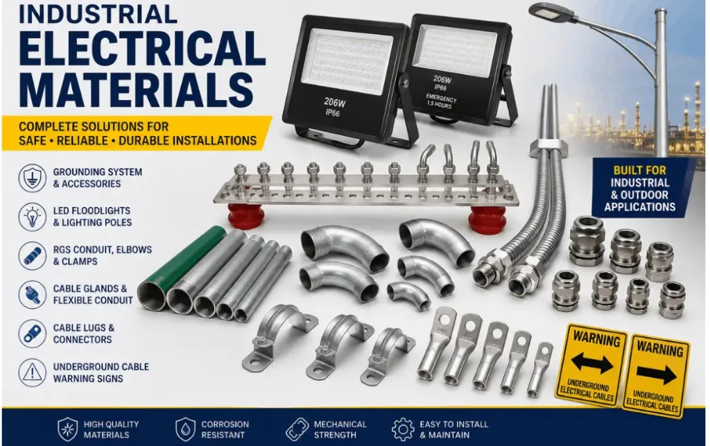 Industrial electrical materials, grounding busbars, LED lighting, RGS conduit and cable accessories
